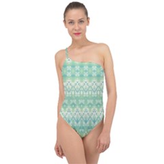 Boho Biscay Green Pattern Classic One Shoulder Swimsuit by SpinnyChairDesigns