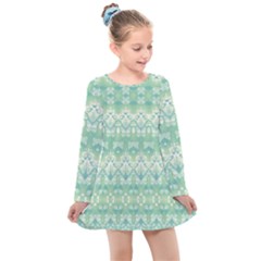 Boho Biscay Green Pattern Kids  Long Sleeve Dress by SpinnyChairDesigns