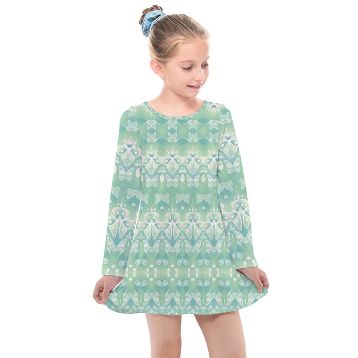 Boho Biscay Green Pattern Kids  Long Sleeve Dress