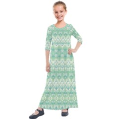 Boho Biscay Green Pattern Kids  Quarter Sleeve Maxi Dress by SpinnyChairDesigns