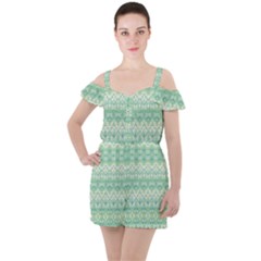 Boho Biscay Green Pattern Ruffle Cut Out Chiffon Playsuit by SpinnyChairDesigns