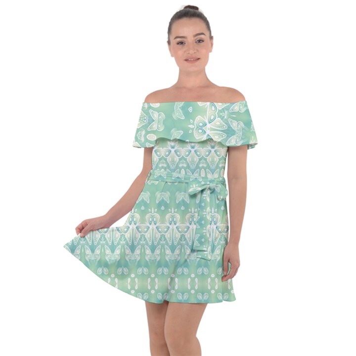 Boho Biscay Green Pattern Off Shoulder Velour Dress