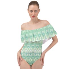 Boho Biscay Green Pattern Off Shoulder Velour Bodysuit  by SpinnyChairDesigns