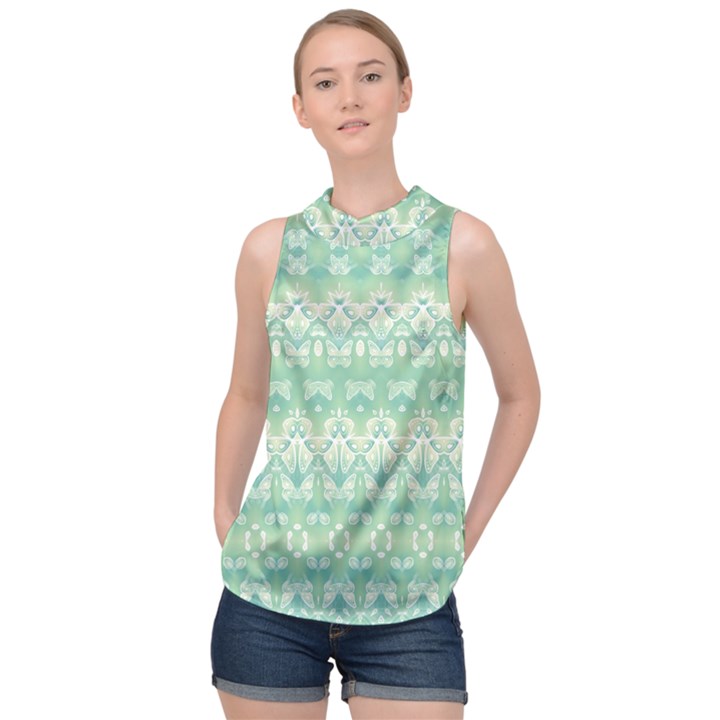 Boho Biscay Green Pattern High Neck Satin Top