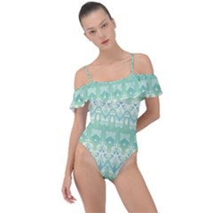 Boho Biscay Green Pattern Frill Detail One Piece Swimsuit by SpinnyChairDesigns