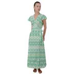 Boho Biscay Green Pattern Flutter Sleeve Maxi Dress by SpinnyChairDesigns