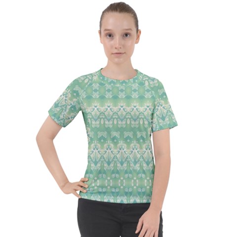 Boho Biscay Green Pattern Women s Sport Raglan Tee by SpinnyChairDesigns