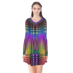 Abstract Psychedelic Pattern Long Sleeve V-neck Flare Dress by SpinnyChairDesigns