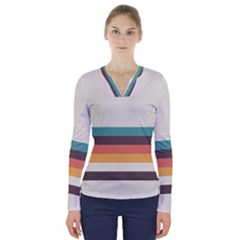 Classic Retro Stripes V-neck Long Sleeve Top by tmsartbazaar