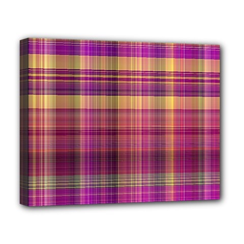 Magenta Gold Madras Plaid Deluxe Canvas 20  X 16  (stretched) by SpinnyChairDesigns