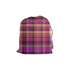 Magenta Gold Madras Plaid Drawstring Pouch (medium) by SpinnyChairDesigns