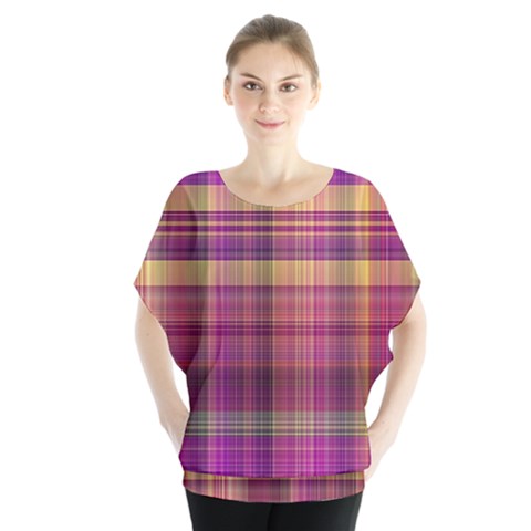 Magenta Gold Madras Plaid Batwing Chiffon Blouse by SpinnyChairDesigns