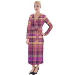 Magenta Gold Madras Plaid Velvet Maxi Wrap Dress by SpinnyChairDesigns