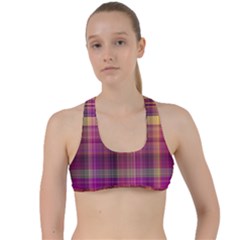 Magenta Gold Madras Plaid Criss Cross Racerback Sports Bra by SpinnyChairDesigns