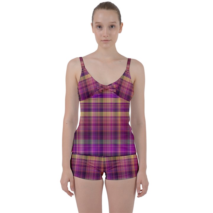 Magenta Gold Madras Plaid Tie Front Two Piece Tankini