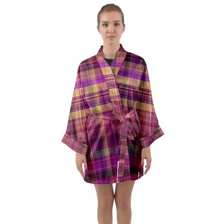 Magenta Gold Madras Plaid Long Sleeve Satin Kimono