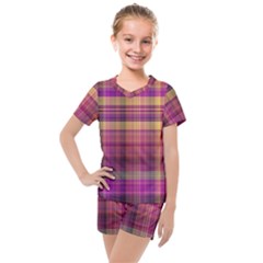 Magenta Gold Madras Plaid Kids  Mesh Tee And Shorts Set