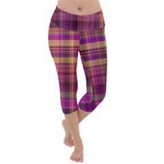 Magenta Gold Madras Plaid Lightweight Velour Capri Yoga Leggings by SpinnyChairDesigns