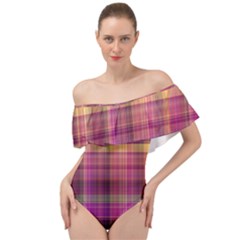 Magenta Gold Madras Plaid Off Shoulder Velour Bodysuit  by SpinnyChairDesigns