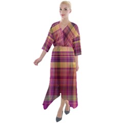 Magenta Gold Madras Plaid Quarter Sleeve Wrap Front Maxi Dress by SpinnyChairDesigns