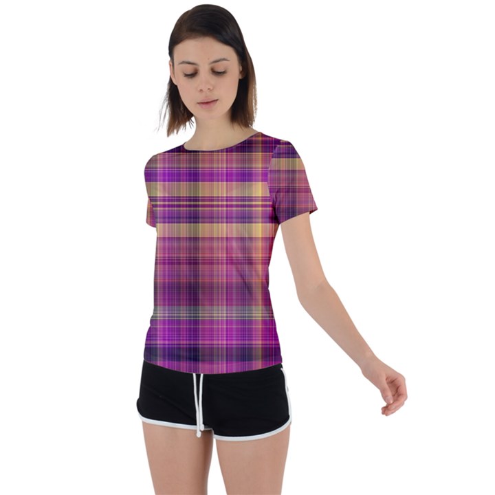 Magenta Gold Madras Plaid Back Circle Cutout Sports Tee