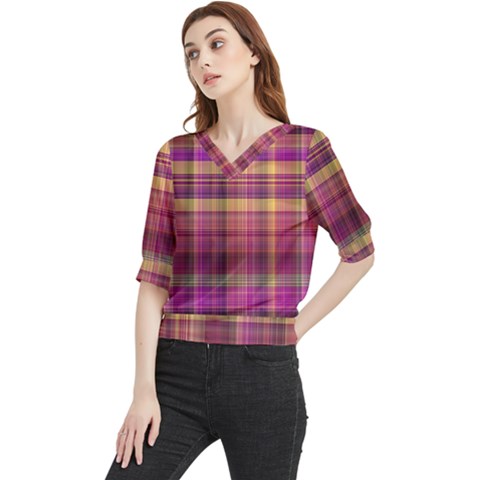 Magenta Gold Madras Plaid Quarter Sleeve Blouse by SpinnyChairDesigns