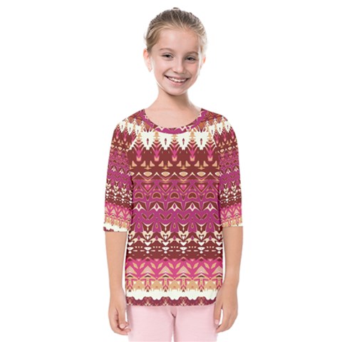 Boho Fuschia And Gold Pattern Kids  Quarter Sleeve Raglan Tee by SpinnyChairDesigns