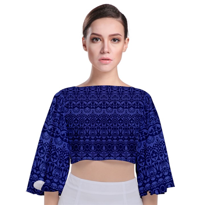 Boho Navy Blue  Tie Back Butterfly Sleeve Chiffon Top