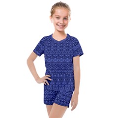 Boho Navy Blue  Kids  Mesh Tee And Shorts Set