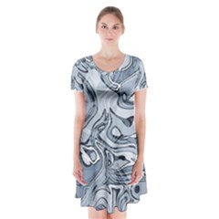 Faded Blue Abstract Art Short Sleeve V-neck Flare Dress by SpinnyChairDesigns