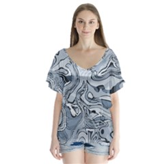 Faded Blue Abstract Art V-neck Flutter Sleeve Top by SpinnyChairDesigns