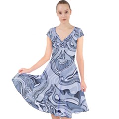 Faded Blue Abstract Art Cap Sleeve Front Wrap Midi Dress by SpinnyChairDesigns