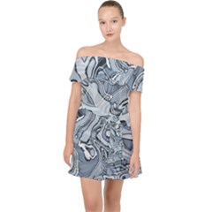 Faded Blue Abstract Art Off Shoulder Chiffon Dress by SpinnyChairDesigns