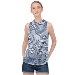 Faded Blue Abstract Art High Neck Satin Top by SpinnyChairDesigns