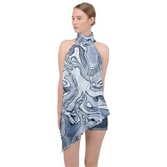 Faded Blue Abstract Art Halter Asymmetric Satin Top by SpinnyChairDesigns