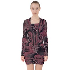 Red Black Abstract Art V-neck Bodycon Long Sleeve Dress by SpinnyChairDesigns