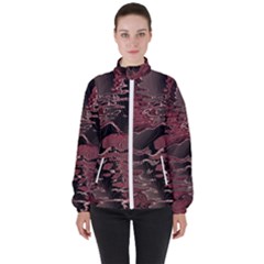 Red Black Abstract Art Women s High Neck Windbreaker by SpinnyChairDesigns