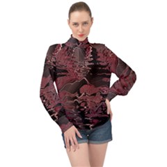 Red Black Abstract Art High Neck Long Sleeve Chiffon Top by SpinnyChairDesigns