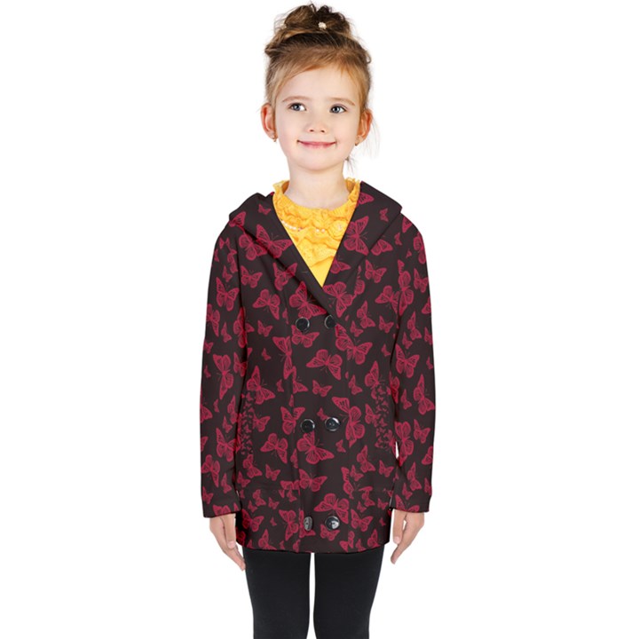 Red and Black Butterflies Kids  Double Breasted Button Coat