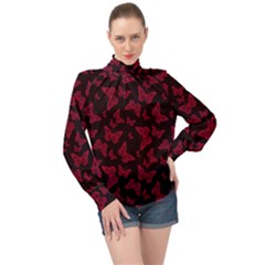 Red And Black Butterflies High Neck Long Sleeve Chiffon Top by SpinnyChairDesigns