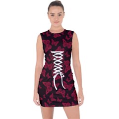 Red And Black Butterflies Lace Up Front Bodycon Dress by SpinnyChairDesigns