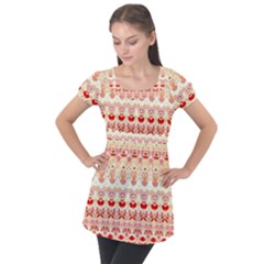 Boho Red Gold Puff Sleeve Tunic Top by SpinnyChairDesigns