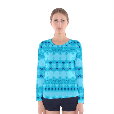 Boho Aqua Blue Women s Long Sleeve Tee by SpinnyChairDesigns