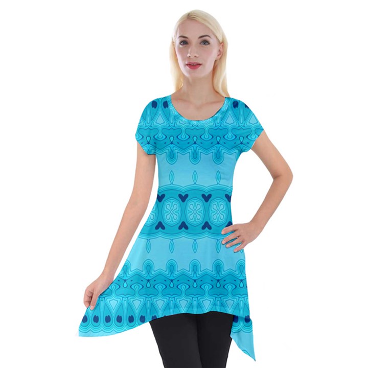 Boho Aqua Blue Short Sleeve Side Drop Tunic