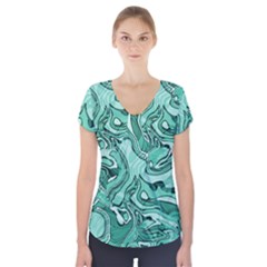 Biscay Green Swirls Short Sleeve Front Detail Top by SpinnyChairDesigns