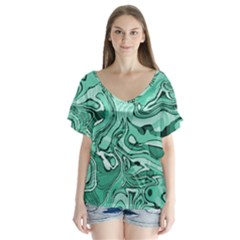 Biscay Green Swirls V-neck Flutter Sleeve Top by SpinnyChairDesigns