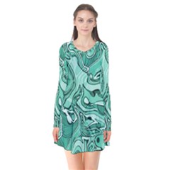 Biscay Green Swirls Long Sleeve V-neck Flare Dress by SpinnyChairDesigns