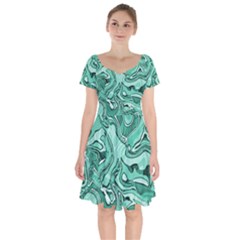 Biscay Green Swirls Short Sleeve Bardot Dress by SpinnyChairDesigns