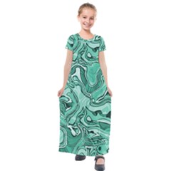 Biscay Green Swirls Kids  Short Sleeve Maxi Dress by SpinnyChairDesigns