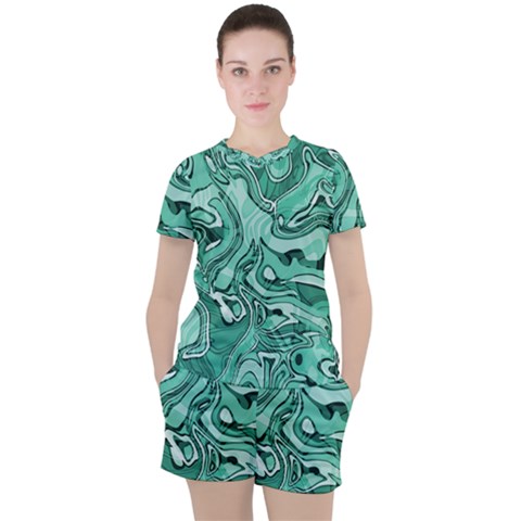 Biscay Green Swirls Women s Tee And Shorts Set by SpinnyChairDesigns